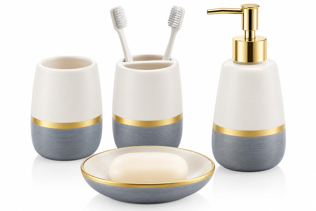 4 Piece Ceramic Bathroom Accessories Set, Soap Dispenser, Toothbrush Holder, Tumbler and Soap Dish, Speckled White & Terracotta Bathroom Counter Set, Modern Boho Farmhouse Decor 2. Product Description