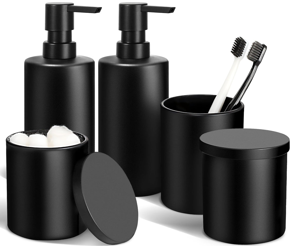 Matte Black Bathroom Accessories Set, 5 Pcs Bathroom Accessories Set, Glass Soap Dispenser and Toothbrush Holder Set, Qtip Holder and Cotton Ball Holder, Modern Bathroom Decor Sets