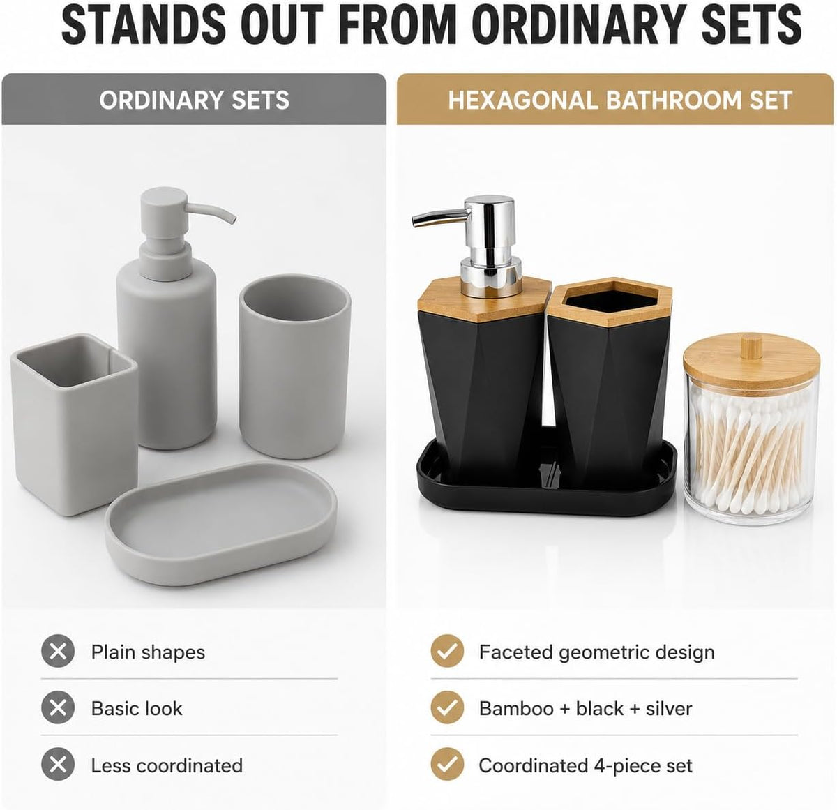 LGURT 4pc Black Bathroom Accessories Set, Soap Dispenser with Bamboo Lid