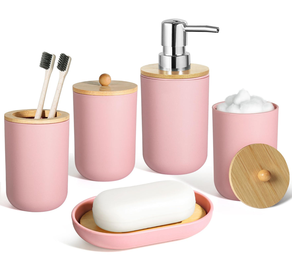 Black Bathroom Accessories Set 5 Pcs, Matte Black Bathroom Accessories, Plastic Soap Dispenser and Toothbrush Holder Set, Soap Dish, Cotton Swab Jar, Black Bathroom Set, Boho Bathroom Decor
