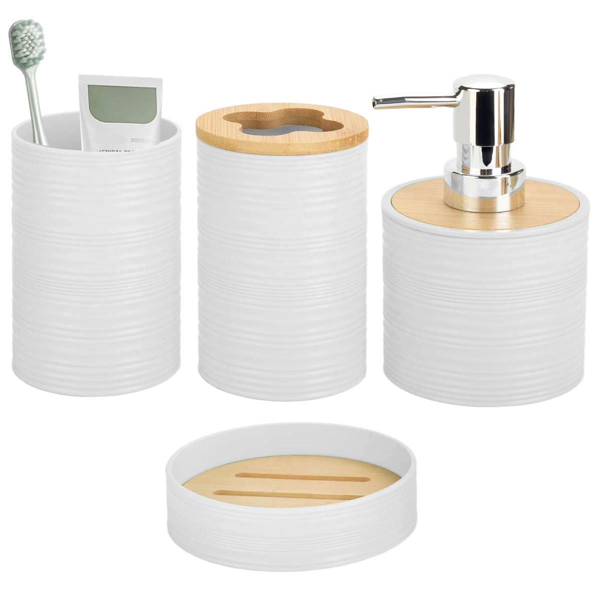 RRM 4 Piece Bamboo Bathroom Accessories Set, Boho Bathroom Decor, White