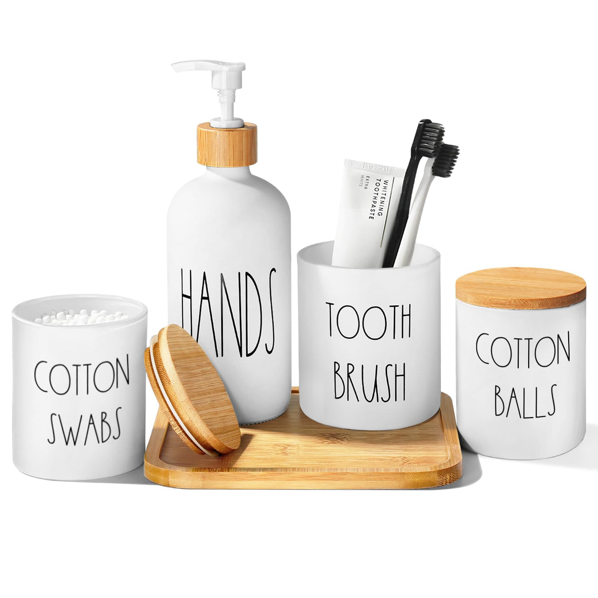 Matte Black Bathroom Accessories Set, 5 Pcs Glass Bathroom Accessory Set with Bamboo Tray, Soap Dispenser and Toothbrush Holder Set, Qtip Holder Set, Farmhouse Boho Bathroom Set Complete