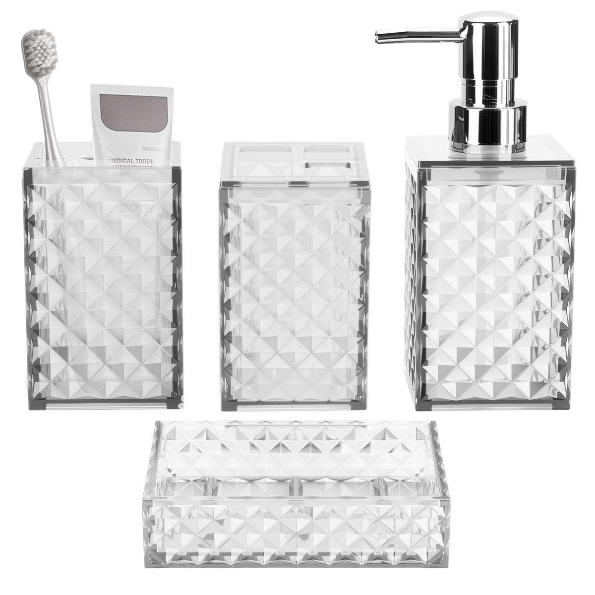 Bathroom Accessory Set, Grid Pattern 4 Pcs Plastic Bathroom Set, Pink