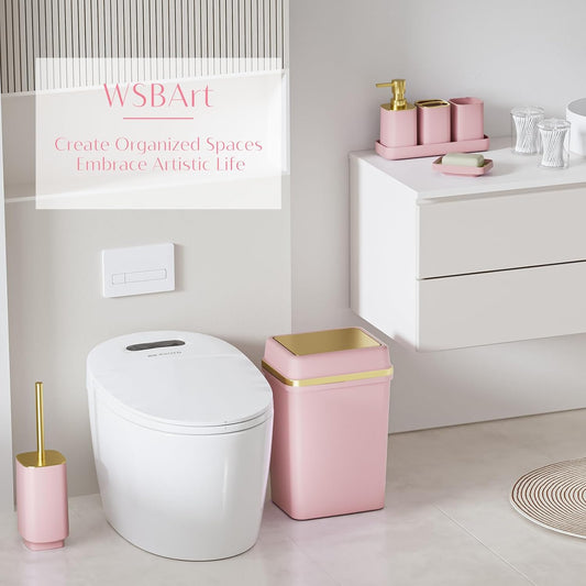 Pink Bathroom Set, 9-Piece Accessories with 4-Gallon Swing-Top Trash Can