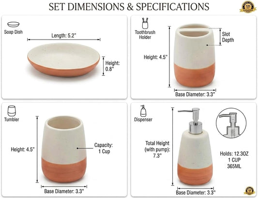 4 Piece Ceramic Bathroom Accessories Set, Soap Dispenser, Toothbrush Holder, Tumbler and Soap Dish, Speckled White & Terracotta Bathroom Counter Set, Modern Boho Farmhouse Decor 2. Product Description