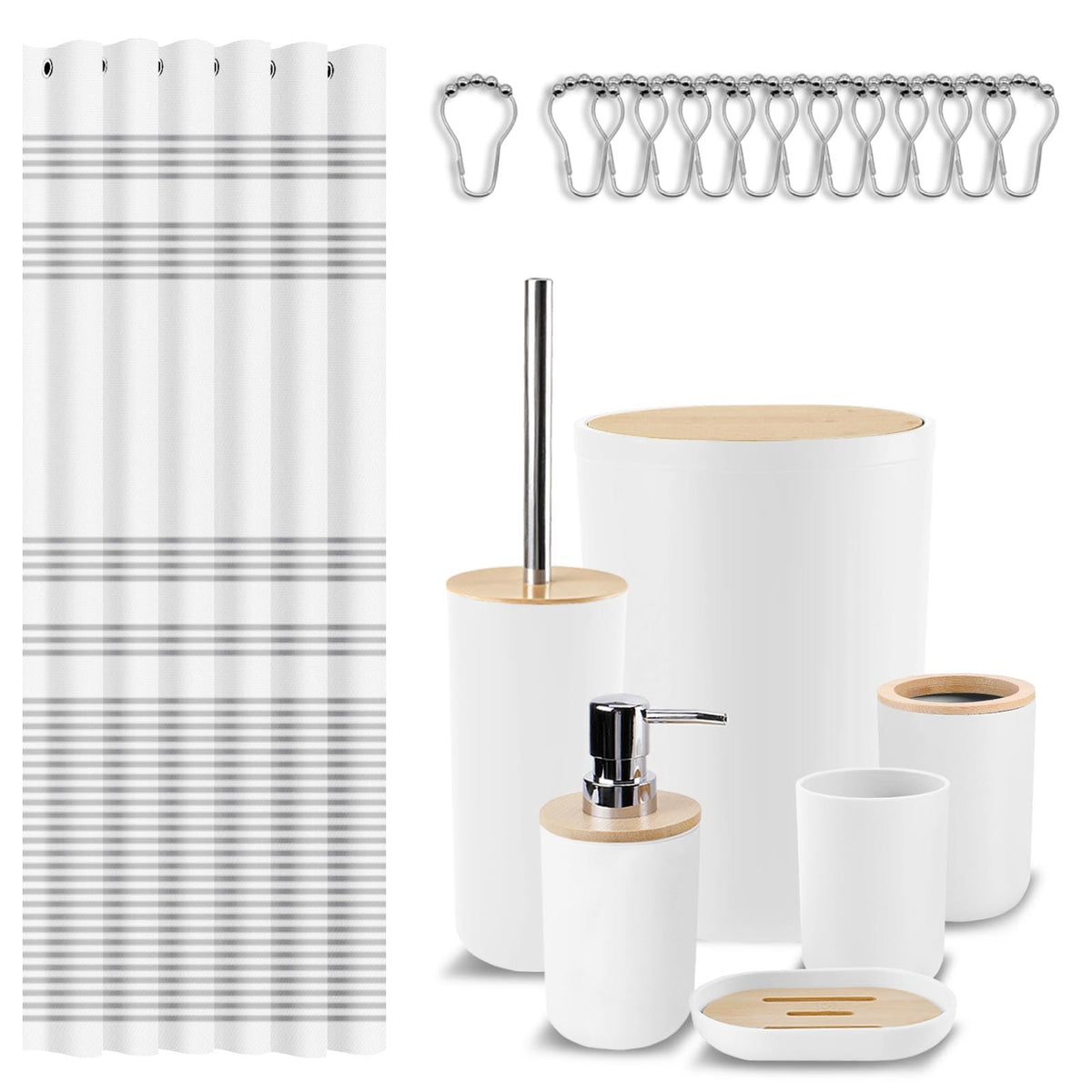 Britimes 7 Pack Bathroom Accessories Set, Shower Curtain Set, Black Striped