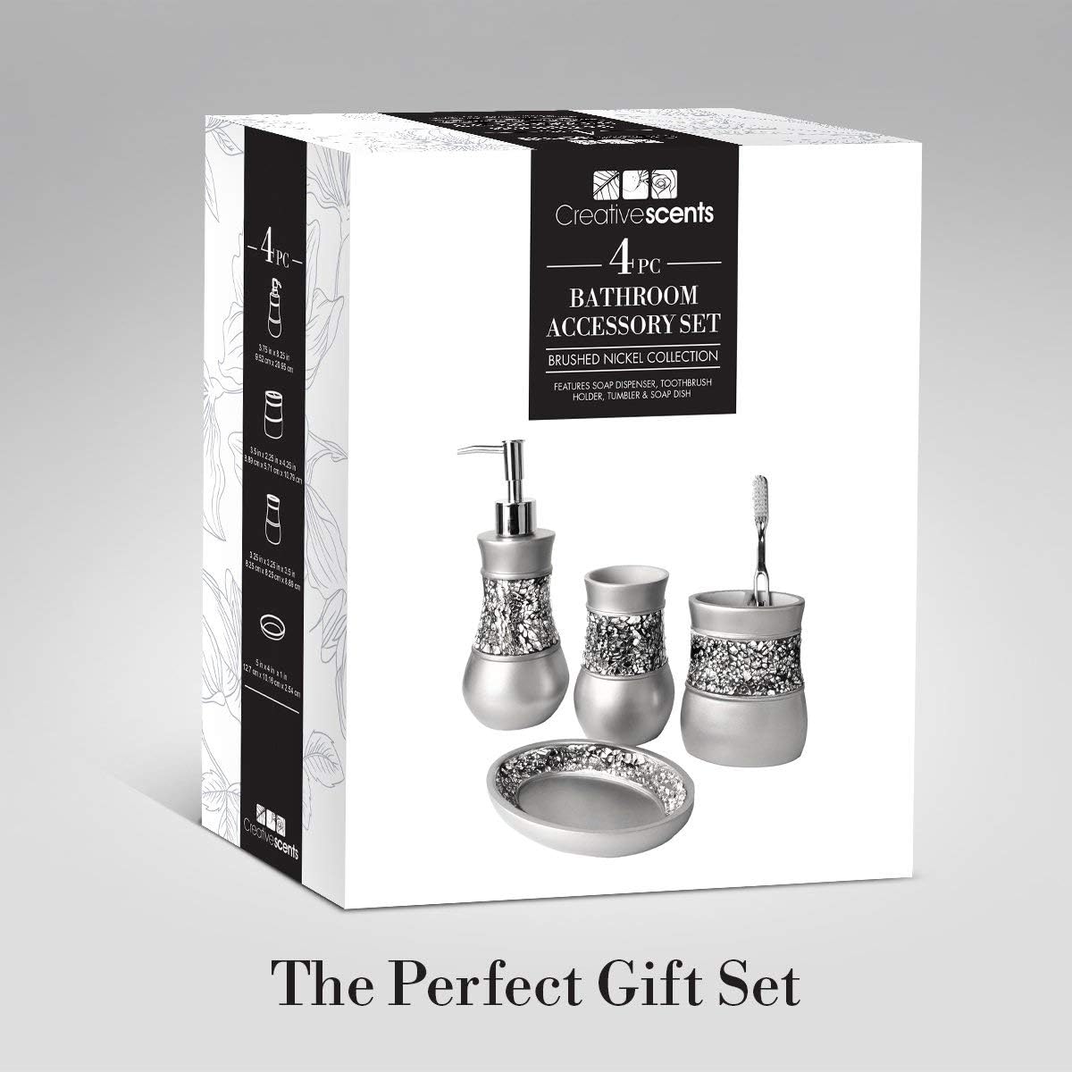Creative Scents 4 Pc. Resin Bathroom Accessory Set | Silver Crackled Glass