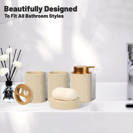 Kukikan Ceramic Bathroom Accessories Set, 4 Pcs-Includes Lotion Soap Dispenser, Toothbrush Holder, Vanity Tray, and Tumbler, Modern Bathroom Decor Organizer with Soap Dish, Apothecary Jar, Beige Color
