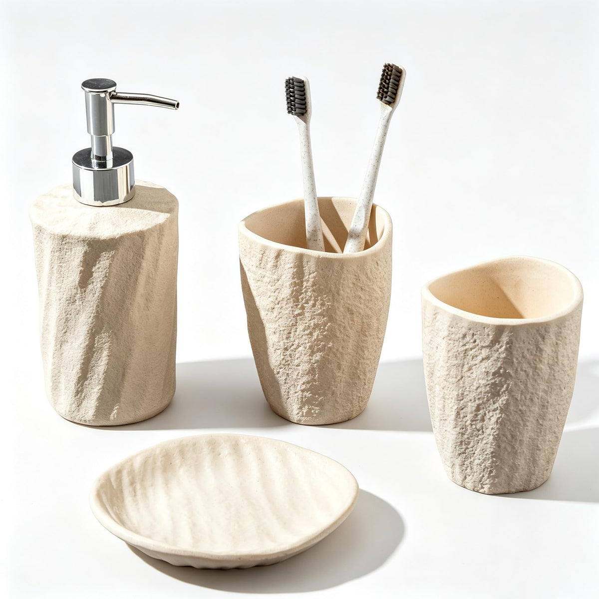 Bathroom Accessories Set, 4 PCS, Sea Bathroom Decor, Sandstone Look Beige