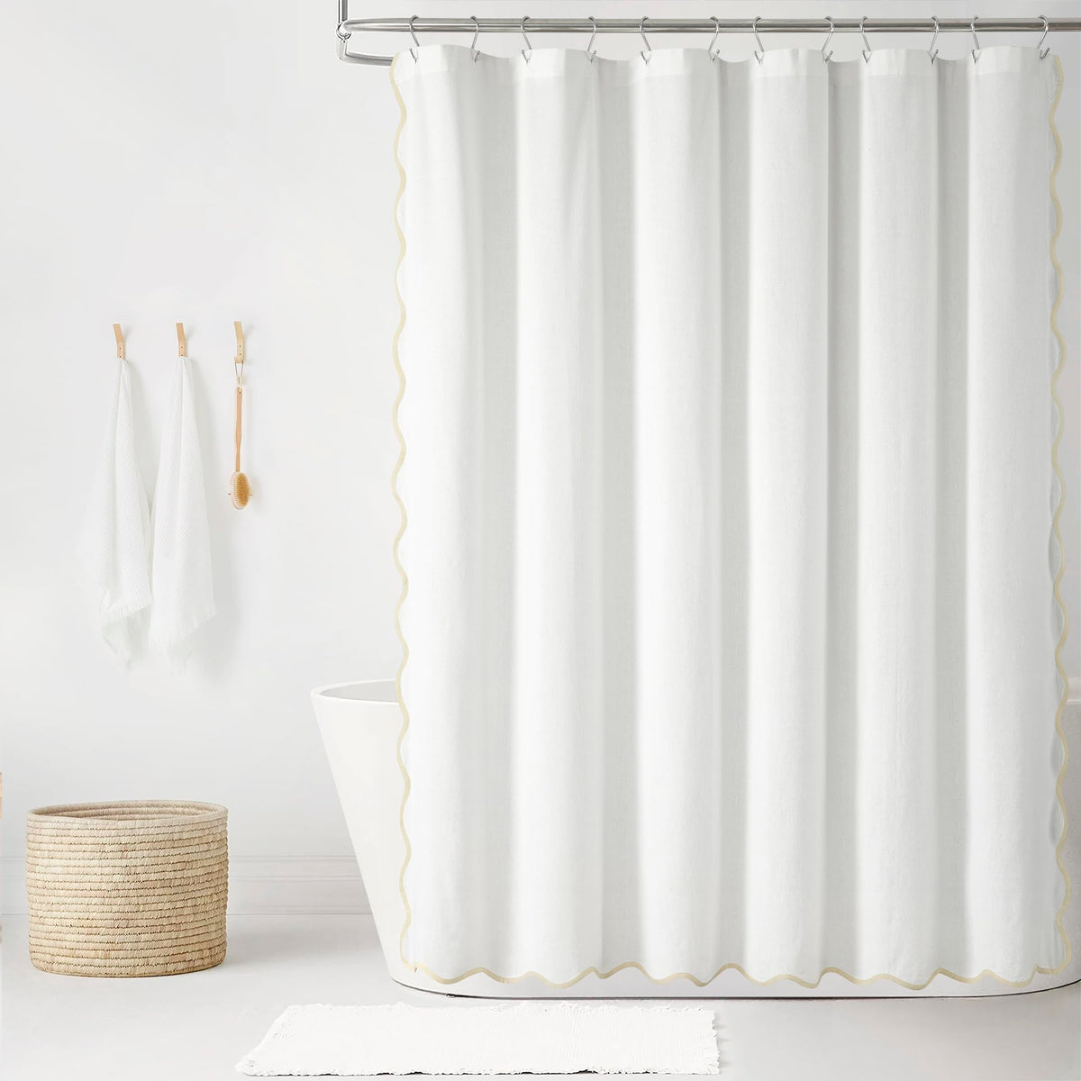 Lush Decor Coastal Chic Scallop Edge Linen-Textured Shower Curtain, Single 72" W x 72" L, Gray & White - Scalloped Shower Curtains - Coastal Bathroom Curtain