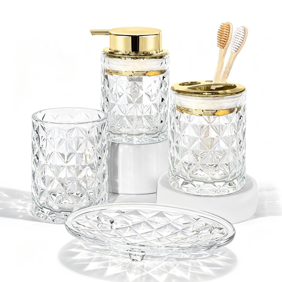 CERBIOR Bathroom Accessories Set, 4 PCS Glass Bathroom Set,Golden Pink