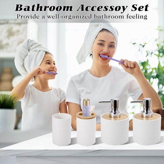 XLHOMO White Bathroom Set, White Bathroom Accessories Set with Trash Can, 2PCS Soap Dispensers, Soap Dish, Toothbrush Holder, Toothbrush Cup,Toilet Brush, Tray and Qtip Holders for Bathroom Decor