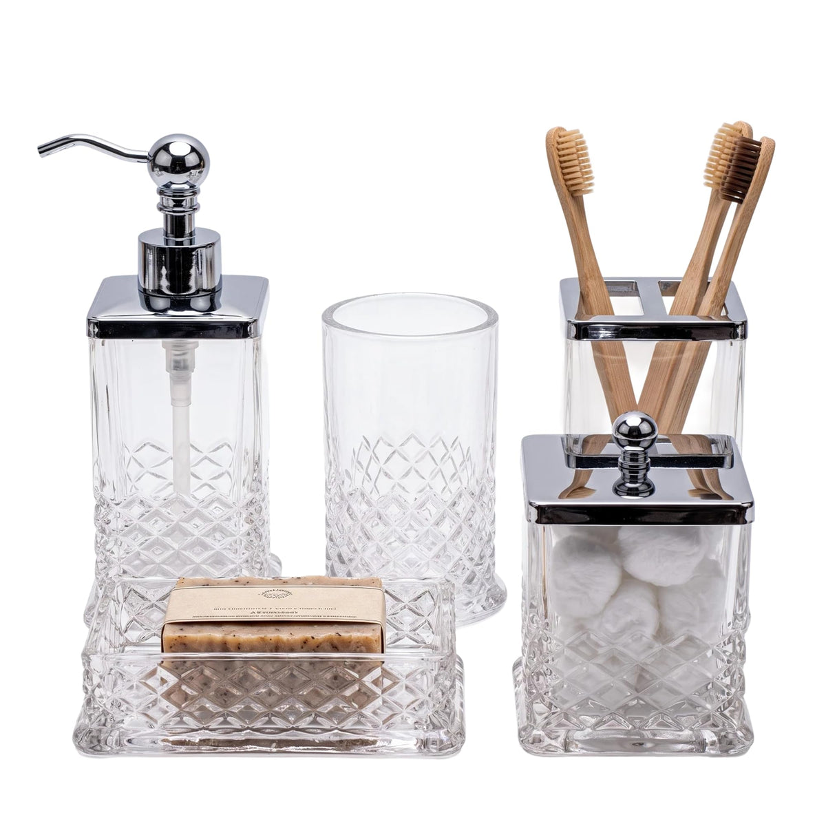 JKE Heavy Glass 5Pcs Amber Bathroom Set Accessories Vintage