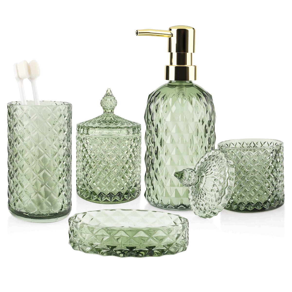 5Pcs Glass Bathroom Accessories Set,Green Vintage Bathroom Accessory Set