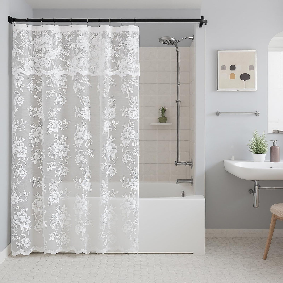 Ivory Lace Shower Curtain with Attached Valance, 72 x 72 Inch 1 Panel