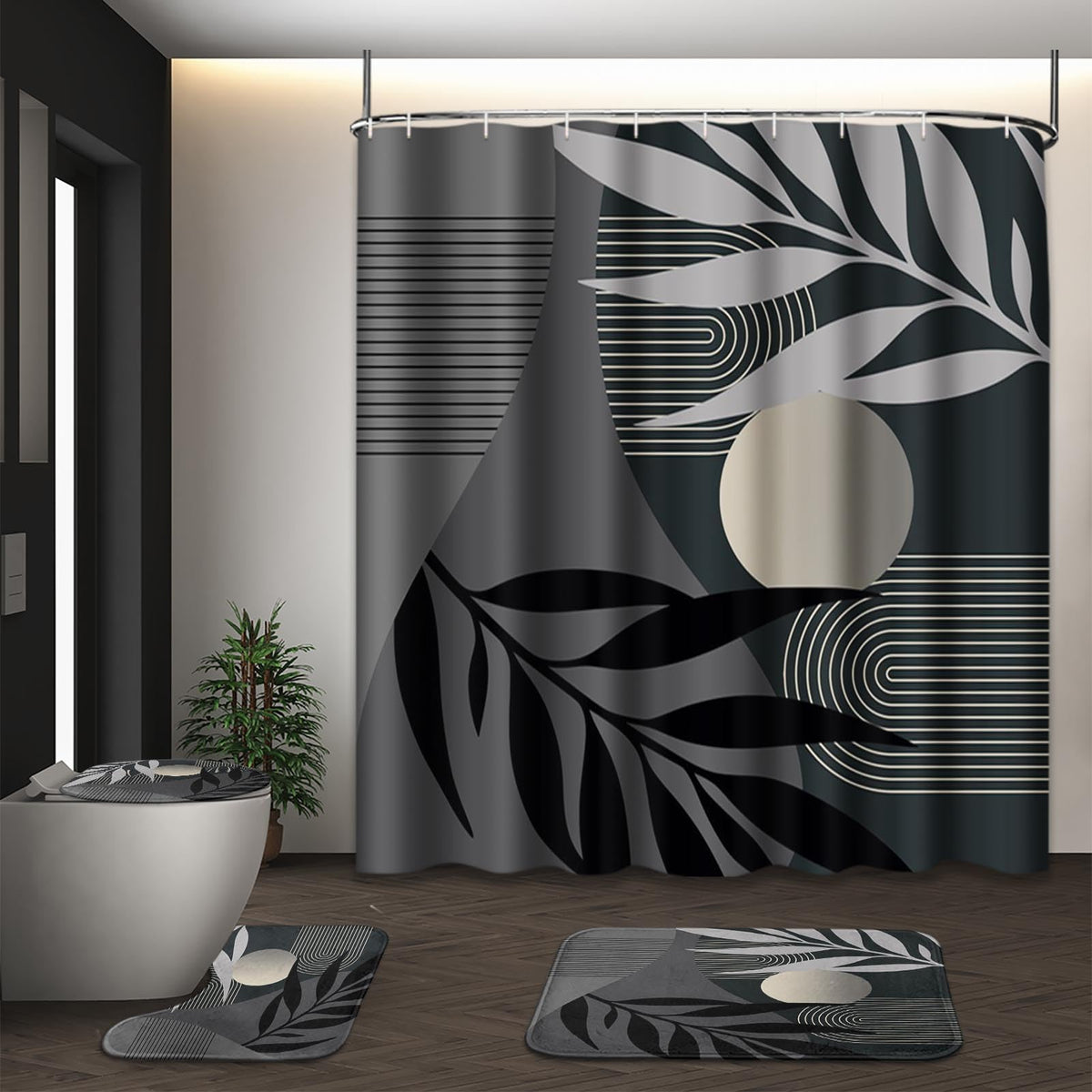 Bathroom Sets with Shower Curtain and Rugs, Set of 4, Boho Sage