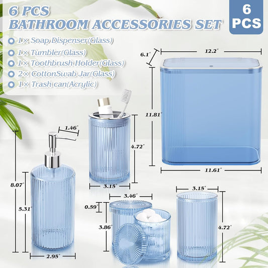 Blue Bathroom Accessories Set, 3.5 Gal Trash Can with Press-Top Lid, Glass Bathroom Set Inclued Soap Dispenser, Toothbrush Holder, Tumbler, Qtip Holders, Vintage Bathroom Sink Set Cute Bathroom Decor