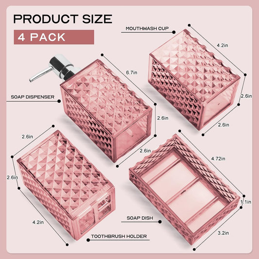 Bathroom Accessory Set, Grid Pattern 4 Pcs Plastic Bathroom Set, Pink