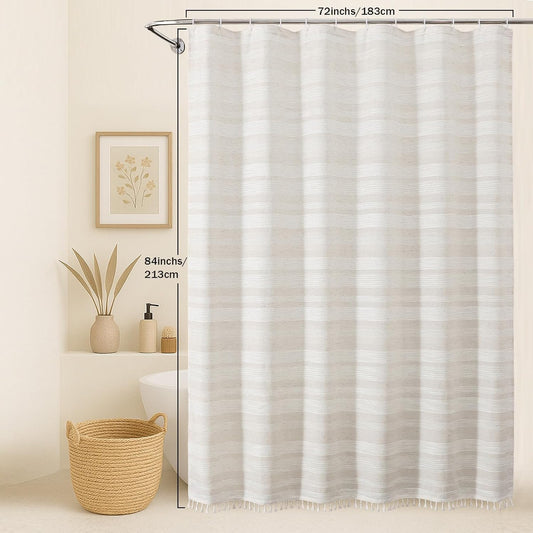 OVZME Extra Long Linen Shower Curtain - 84 Inch Long, Modern Farmhouse Heavy Duty Textured Soft Fabric, Rustic Country Boho Cloth Shower Curtain with Tassel for Bathroom Hotel, 72Wx84L Inches