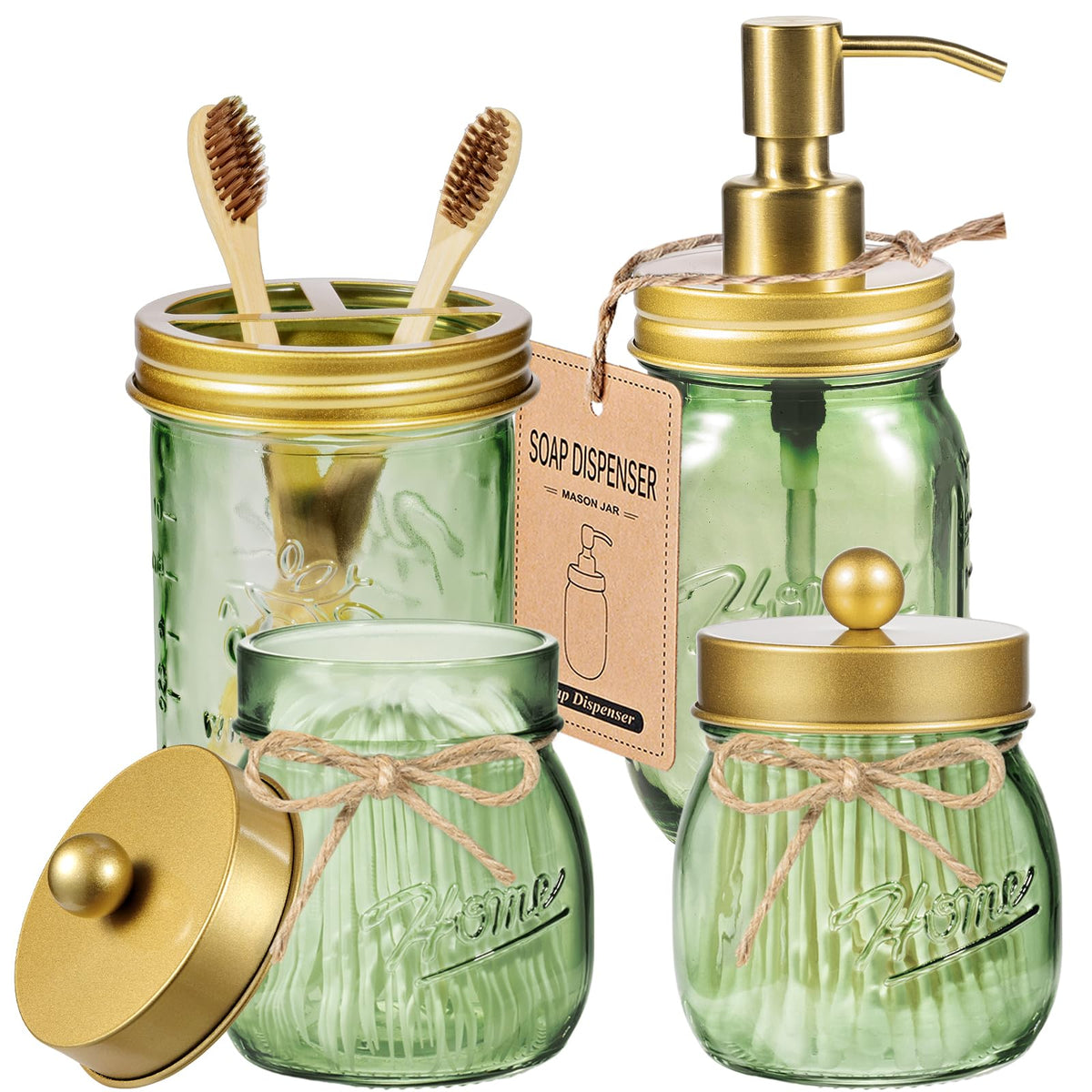 Amolliar Mason Jar Bathroom Accessories Set, 4 Pcs Green Glass Bathroom Set