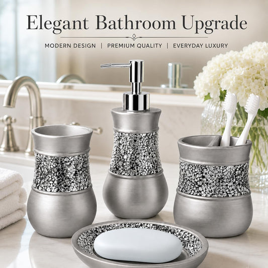 Creative Scents 4 Pc. Resin Bathroom Accessory Set | Silver Crackled Glass