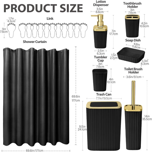 Bathroom Accessory Set, Shower Curtain Set, Toilet Brush, Trash Can & Soap Dispenser (Black Gold, Plastic)