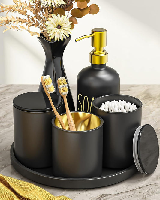 Black Bathroom Accessories Set with Tray, 6pcs Matte Black Bathroom Accessory Sets, Glass Soap Dispenser and Toothbrush Holder Set, Qtip Holder, Ceramic Flower Vase, Bathroom Set Decor