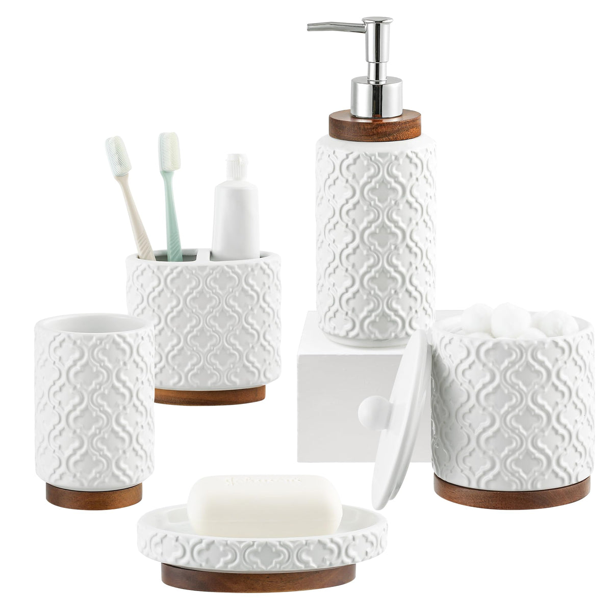 RQYIXI Ceramic Bathroom Accessories Set,White,4 Piece,Embossed Design