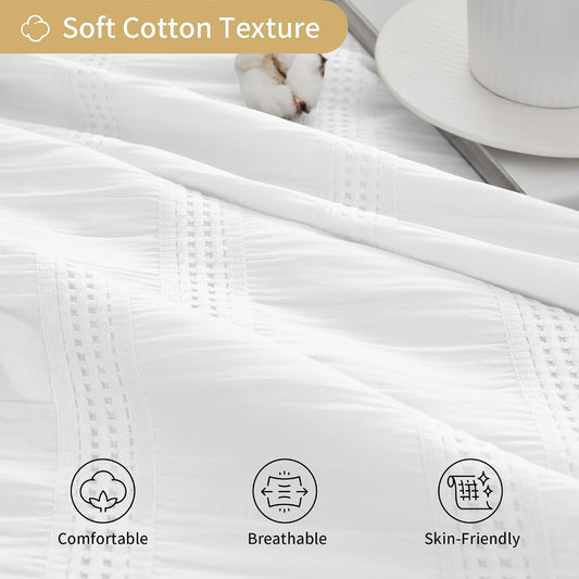 Extra Long White Shower Curtain Farmhouse,72 x 96 Cotton Blend Waffle Tufted Striped Chic Textured Fabric Shower Curtain for Bathroom, Hotel, Washable