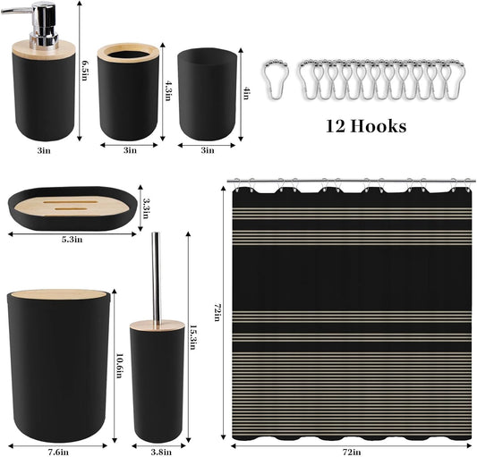 Britimes 7 Pack Bathroom Accessories Set, Shower Curtain Set, Black Striped