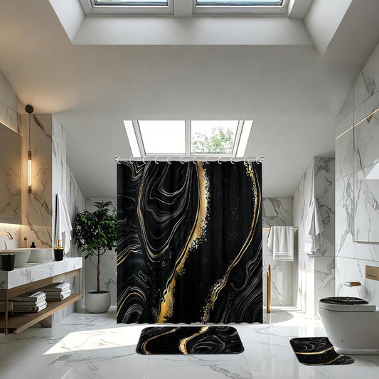 Patelai 10 Pcs Black and Gold Marble Bathroom Decor Set with Shower Curtain