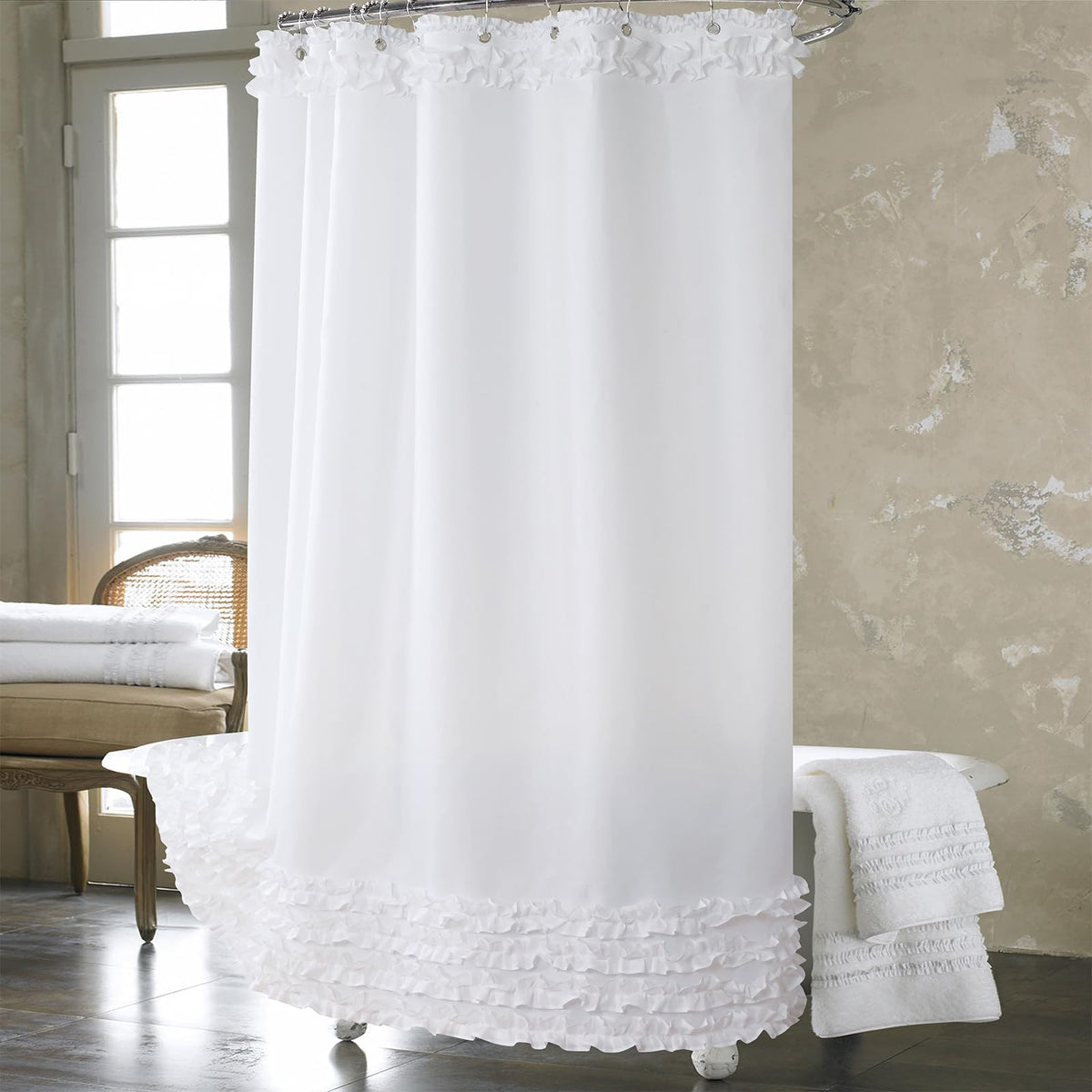 Ruffle Shower Curtain, White Fabric Shower Curtain with Handmade Ruffles, Farmhouse Chic Bath Curtains, 72" W x 72" H