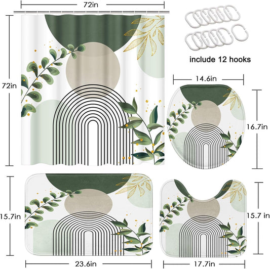 Bathroom Sets with Shower Curtain and Rugs, Set of 4, Boho Sage