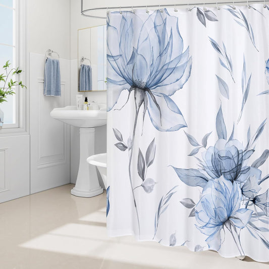 Blue Boho Floral Shower Curtain, Watercolor Botanical Design, 72 x 72