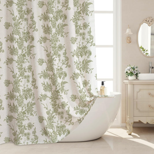 Sage Linen Farmhouse Shower Curtain, Vintage Boho Floral 72x72