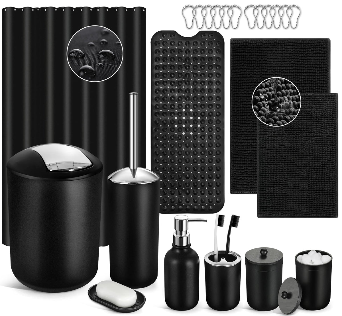 Black Bathroom Accessories Set, 10Pcs Bathroom Accessory Set with Trash Can, Soap Dispenser and Toothbrush Holder, Soap Dish, Cotton Ball & Qtip Holder, Toilet Brush Holder, Tissue Box Cover