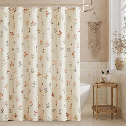 Floral Linen Shower Curtain, Spring Vintage Farmhouse Style, 72x72