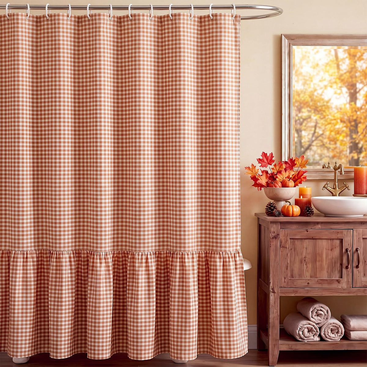 HunnmingRe Ruffle Hem Gingham Shower Curtain Sage Green