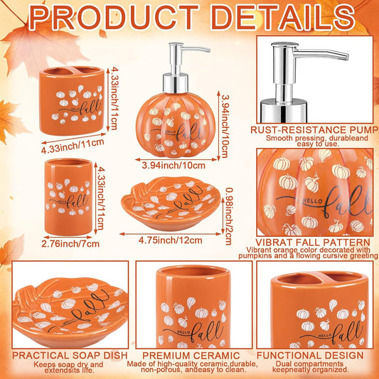 Domensi 4 Pcs Pumpkin Bathroom Ceramic Accessories Set Fall Bathroom Decor Include Lotion Dispenser Toothbrush Holder Tumbler Soap Dish for Home Bath Kitchen Decoration