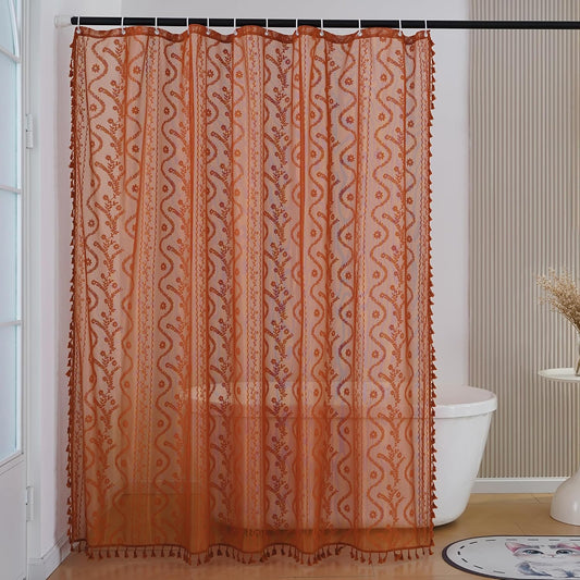 WAZZIO Terracotta Lace Shower Curtain for Bathroom 72" W x 84" L, Victorian Farmhouse Floral Pattern Tassel Fancy Shower Curtain Boho Washable Cloth Decorative Bath Curtains,1 Panel