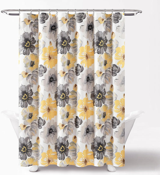 Lush Decor Leah Floral Shower Curtain, 72" W x 72" L, Yellow & Gray - Fabric Shower Curtains - Watercolor Botanical Bathroom Curtain - Farmhouse & French Country Decor