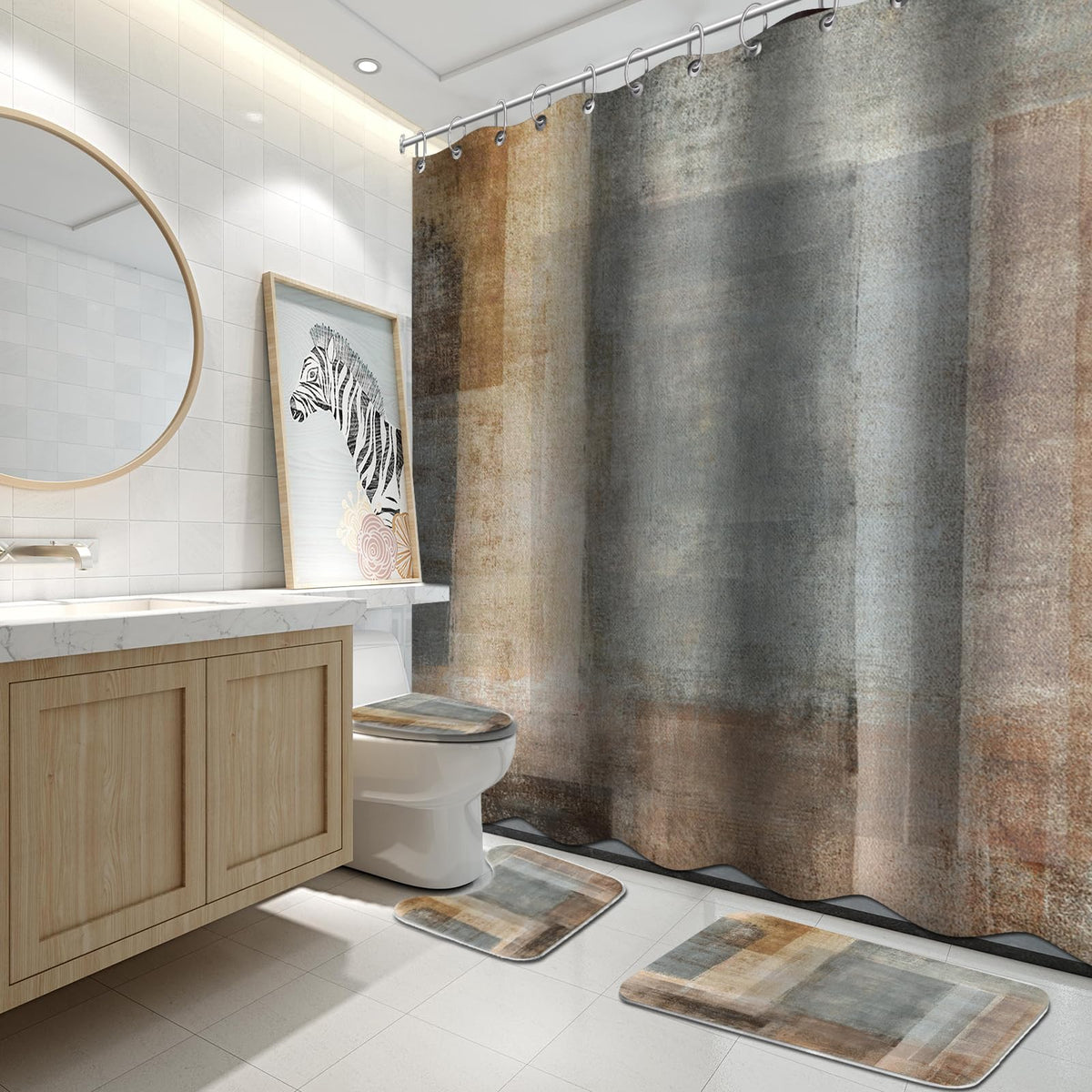 Lnond 4Pcs Bathroom Shower Curtain Sets with Rugs,Orange Modern Painting Art Bathroom Sets with Shower Curtain and Rugs and Accessories