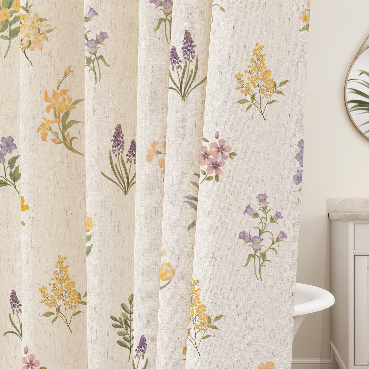 Floral Linen Shower Curtain, Spring Vintage Farmhouse Style, 72x72