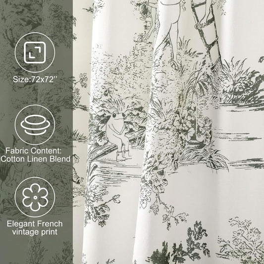 Mindsoft Vintage French Frog Toile Shower, Green, 72x72 Inch