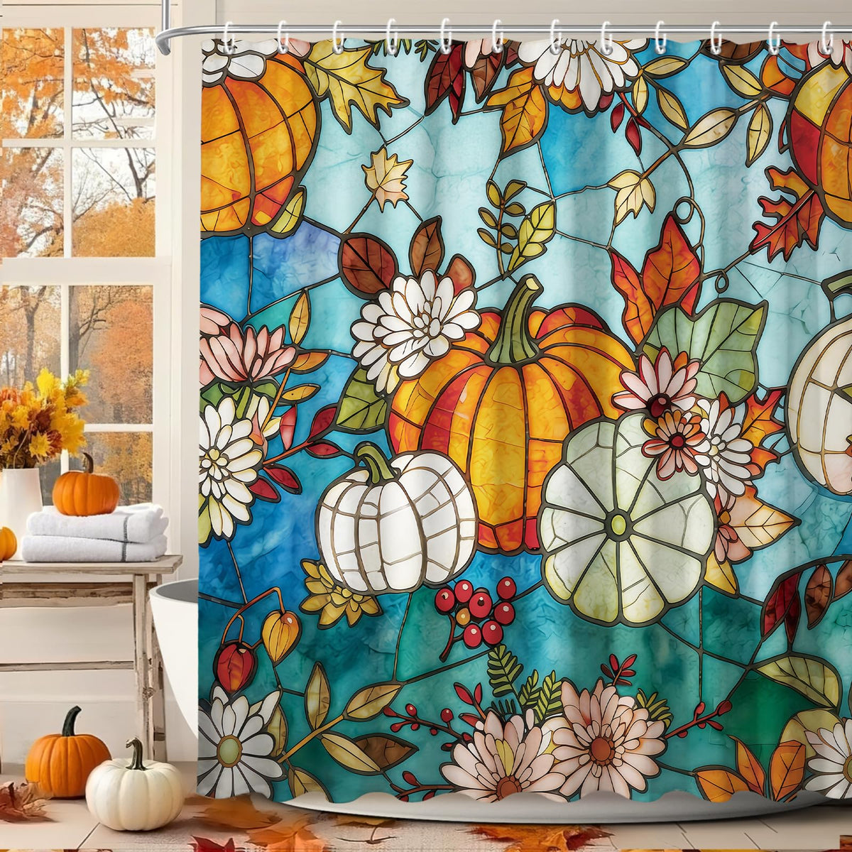 MEHOFOND Fall PumpkinsShower Curtain Autumn Watercolor Floral Bath Curtain