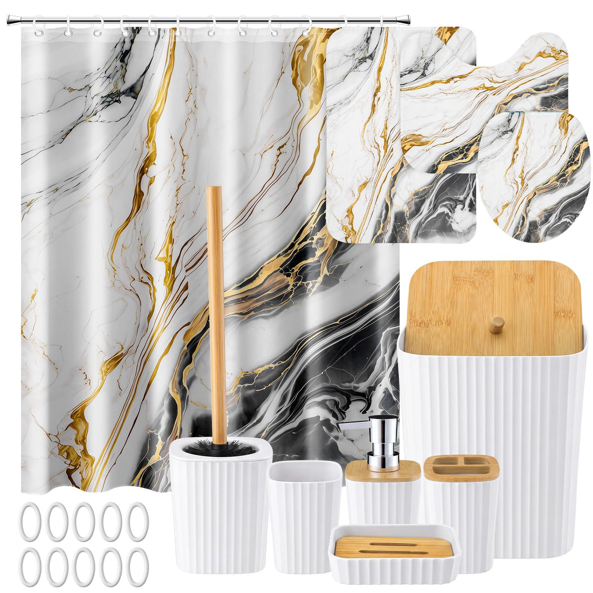 Patelai 10 Pcs Black and Gold Marble Bathroom Decor Set with Shower Curtain