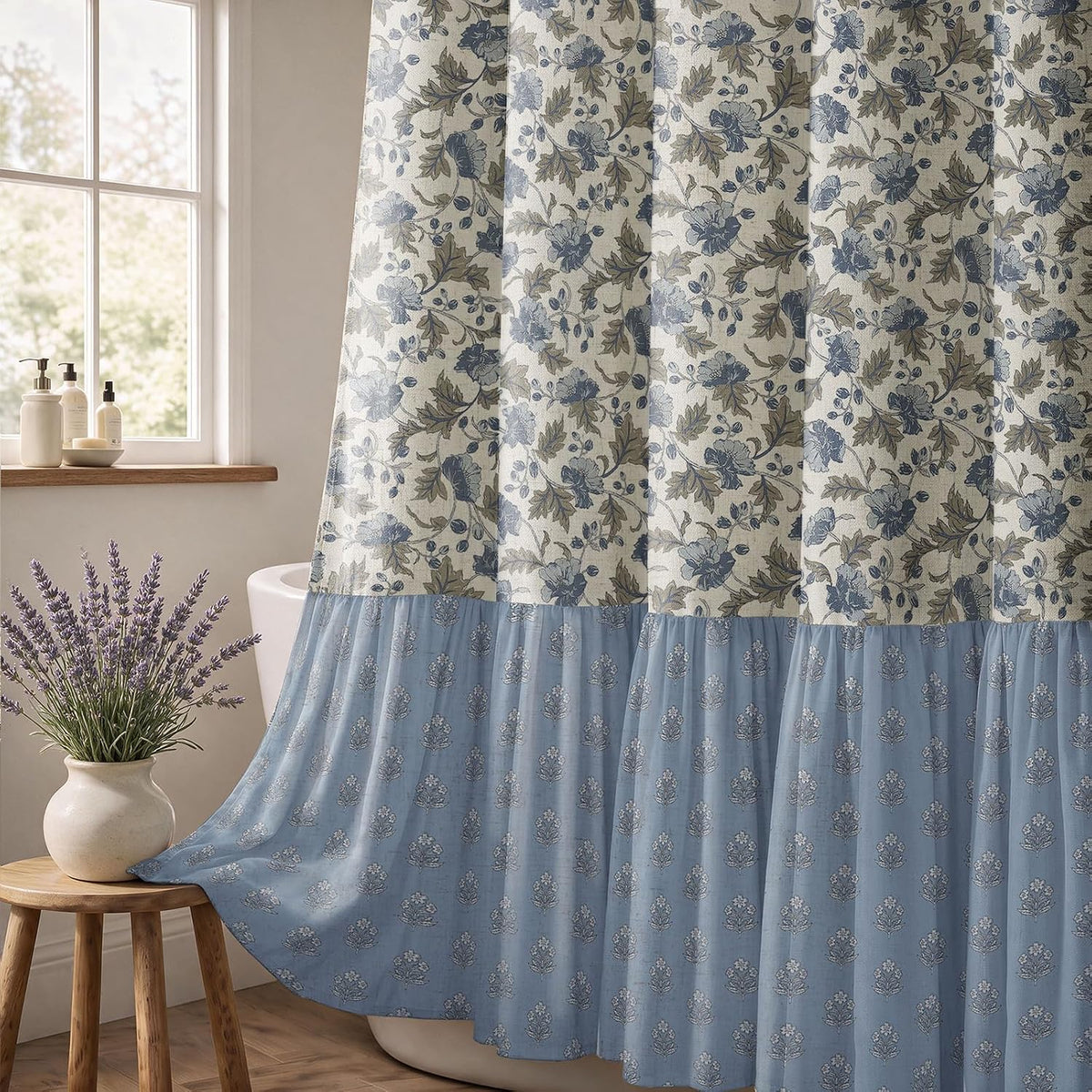 Blue Ruffle Farmhouse Floral Shower Curtain for Bathroom, 72"H x 72"W