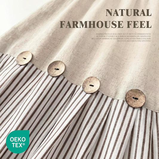 Farmhouse Shower Curtain Linen Beige Button Brown Stripe 72"W x 72"L