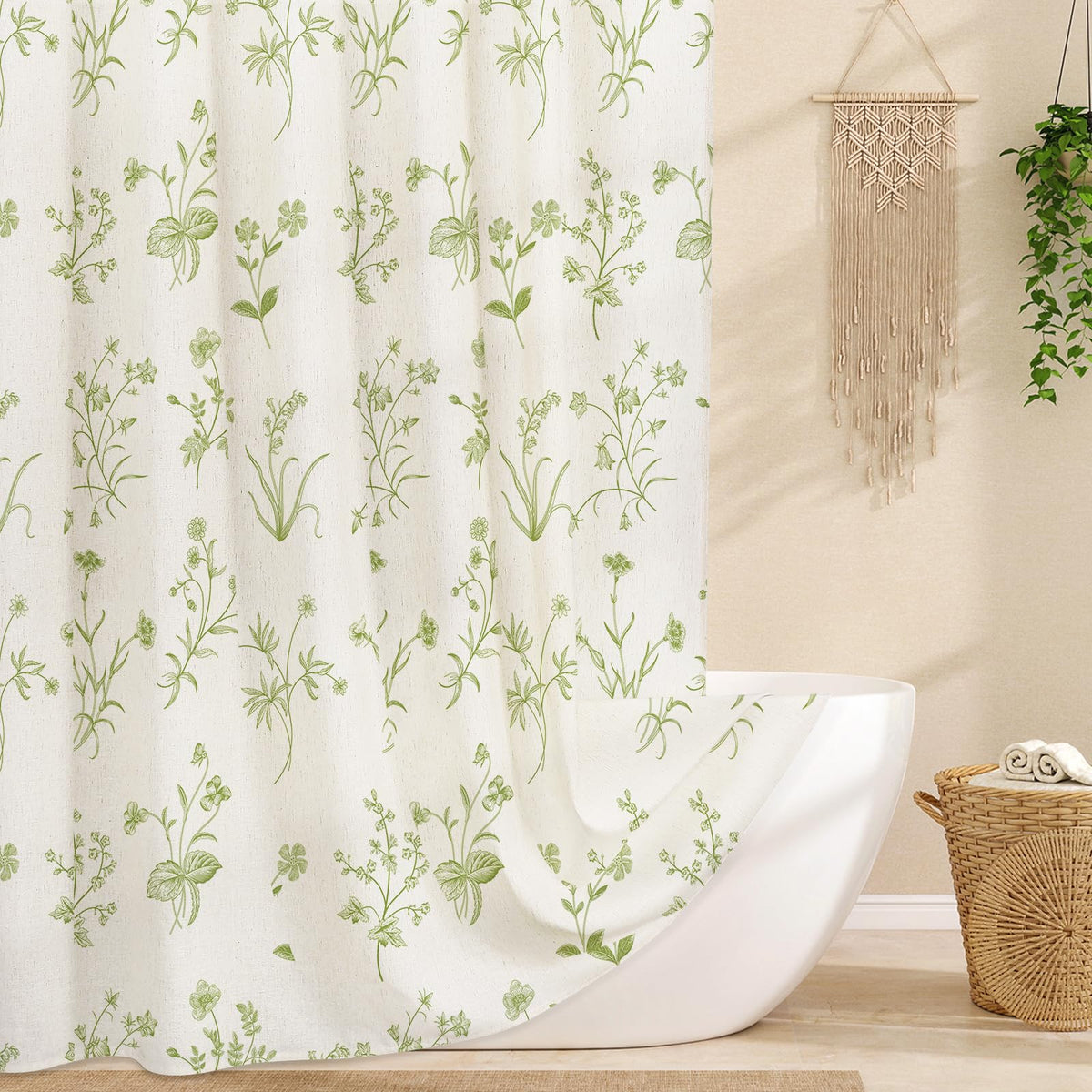 MitoVilla Blue Boho Linen Shower Curtain - Floral Farmhouse Curtain 72x72