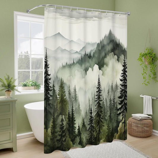 Dark Green Pine Forest Shower Curtain, Misty Woodland, 72 x 72 Inches